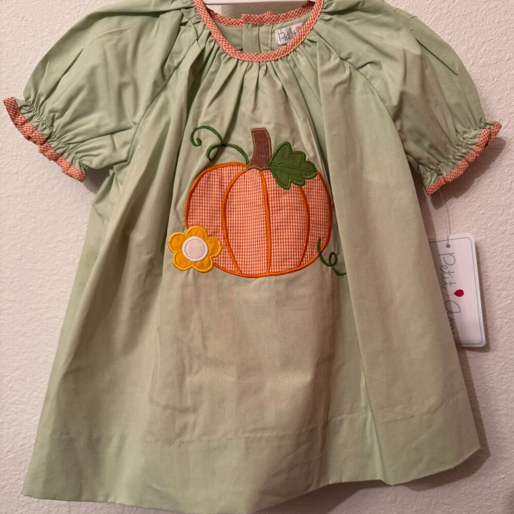 Petit Ami Green Orange Check Pumpkin Applique Dress Set 6 Months